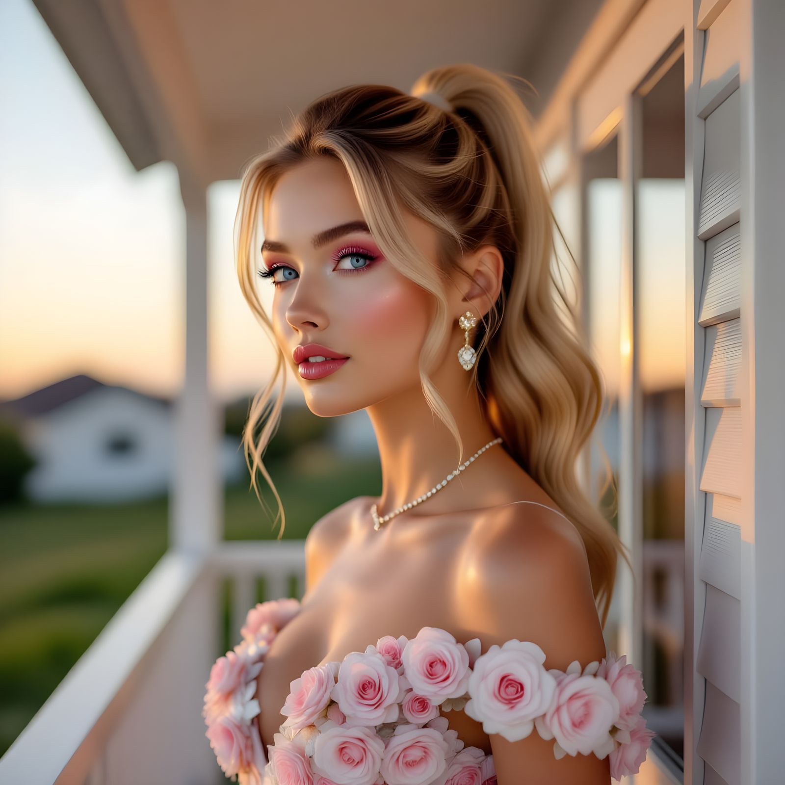 Joyful Woman in Rose Dress in Capsule House at Dawn