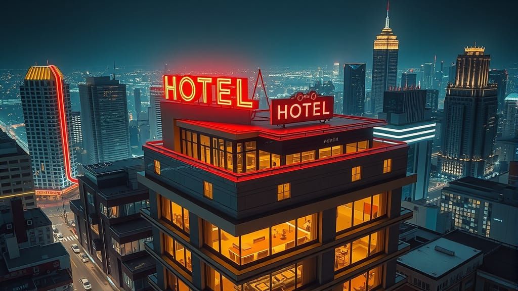 Rooftop Hotel at Night in Photorealistic Style