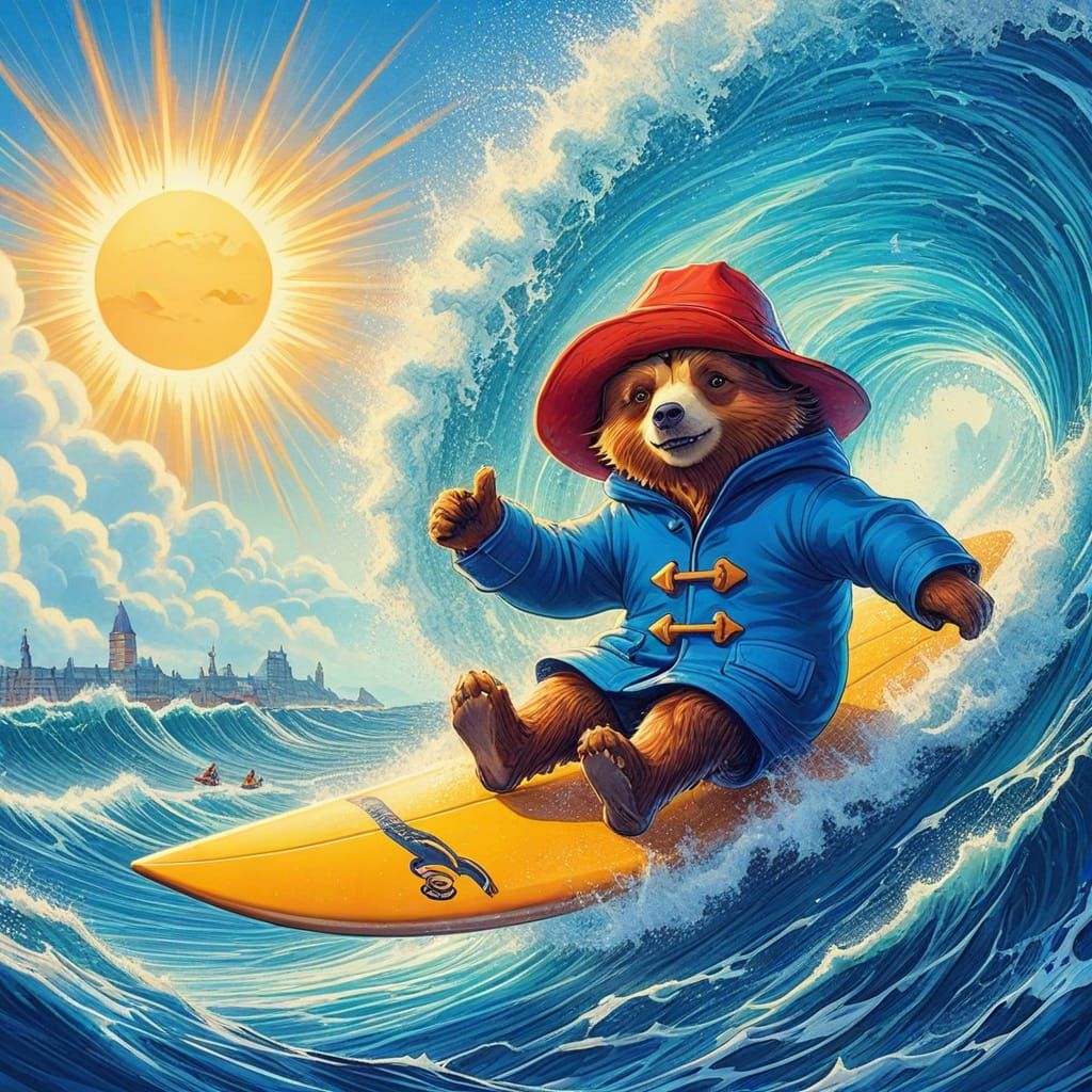 Epic Cartoon Surfing Scene with Paddington Bear