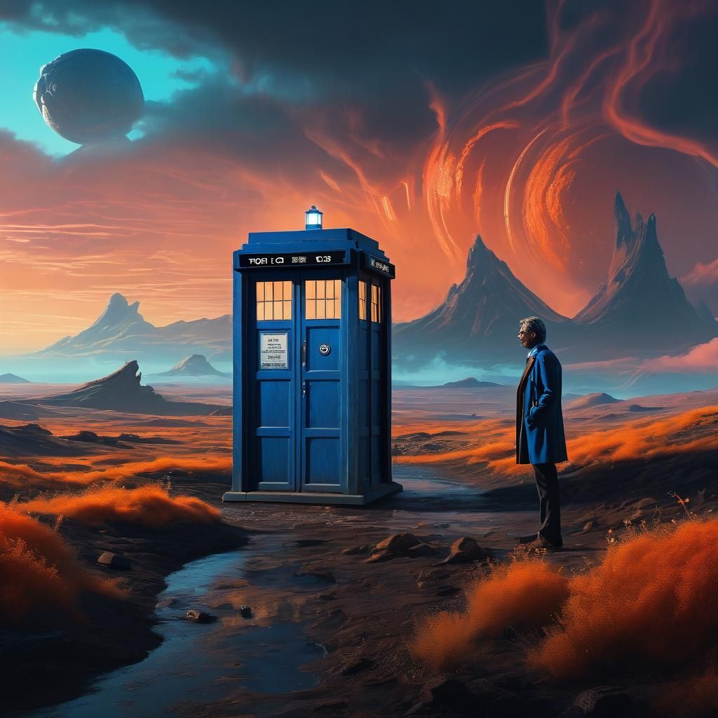 Doctor Who and TARDIS in Alien Landscape