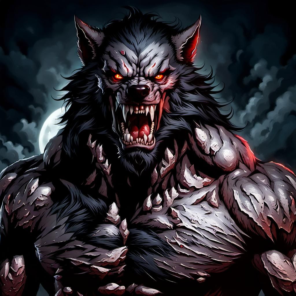 Terrifying Werewolf Portrait: Red Eyes and Fangs