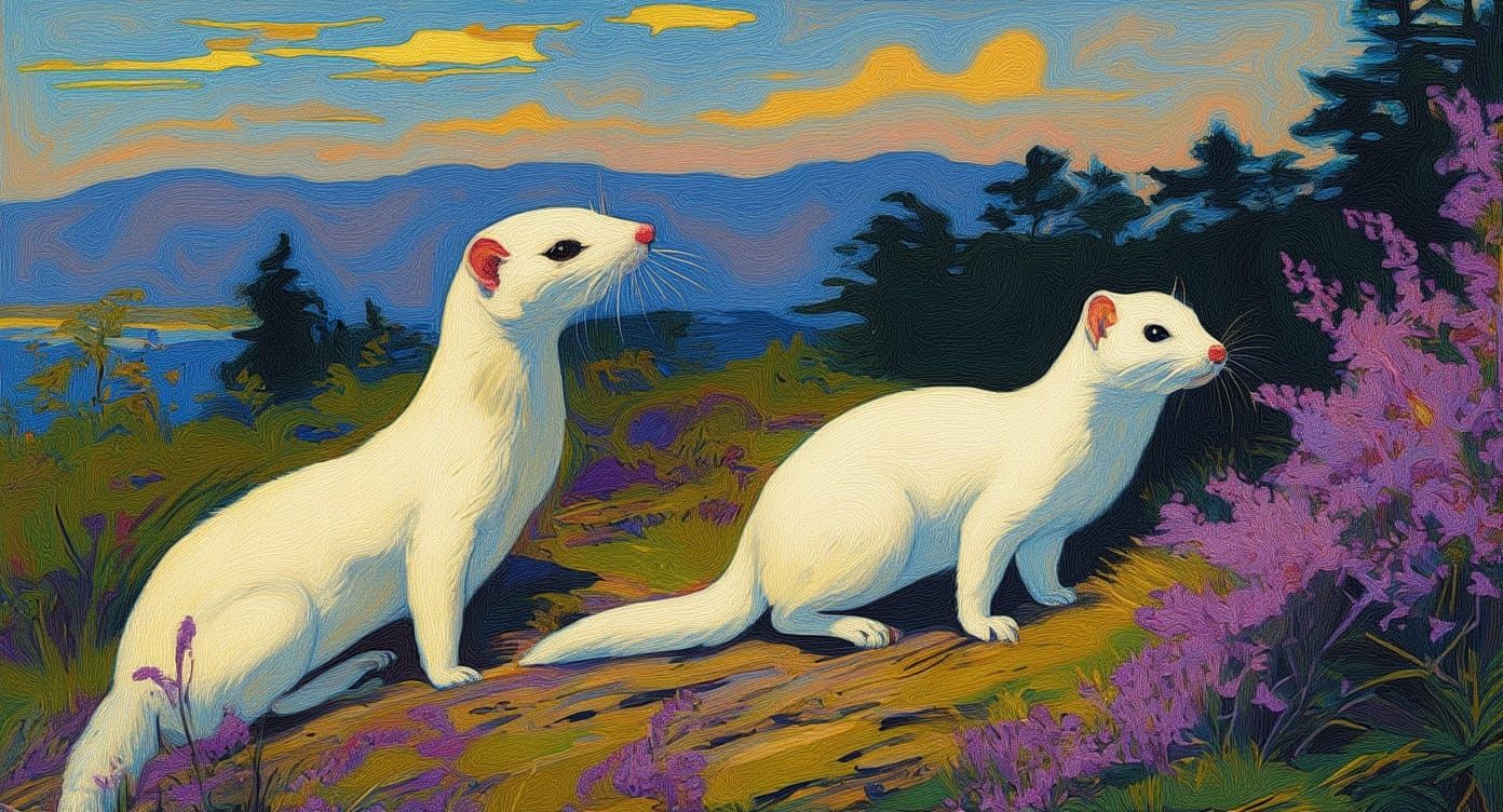 Playful Stoats in Heather: Linocut Style Print