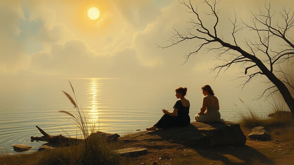 Surrealistic Riverbank Scene in Moody, Atmospheric Style