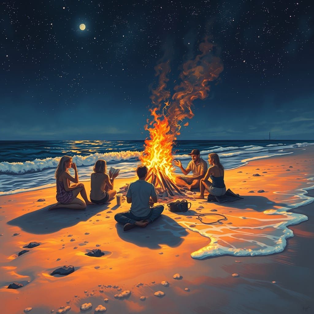 Friends Gather Around Bonfire on Sandy Beach Under Stars