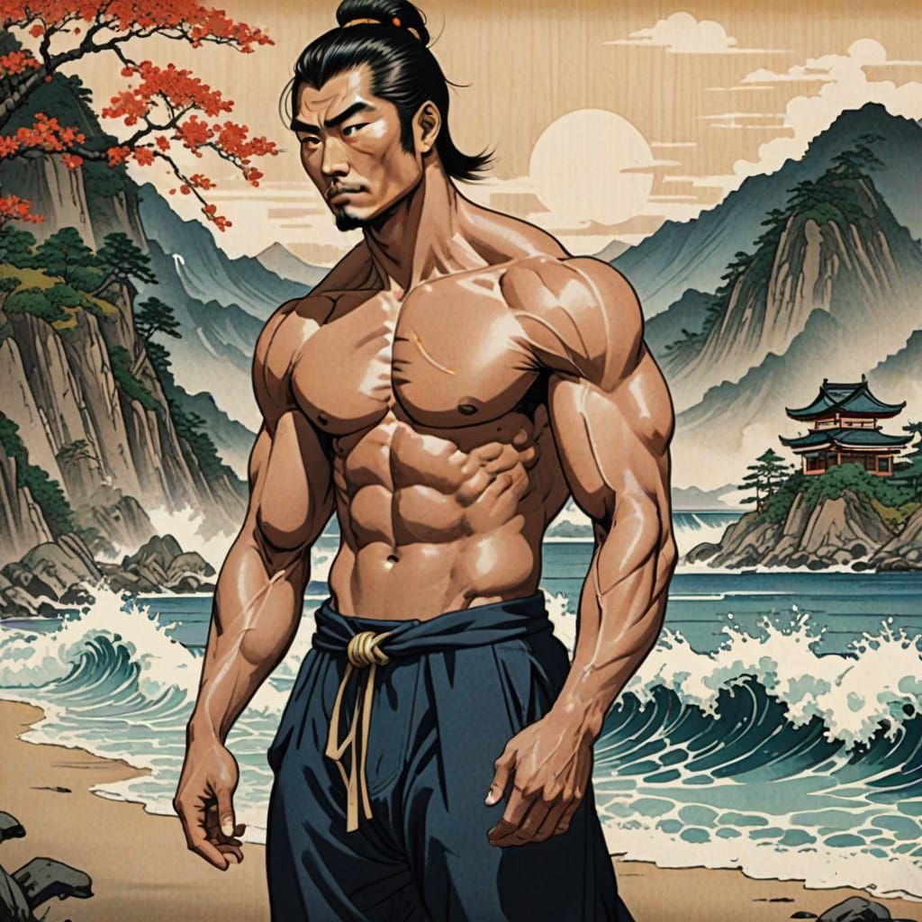 Gorgeous Muscled Men on Sado Isle in Ukiyo-e Style