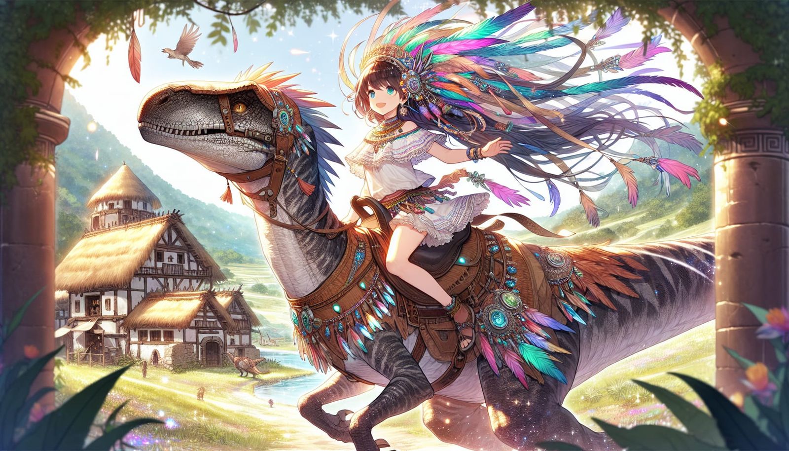 Anime Girl and Armored Velociraptor Leaving Village