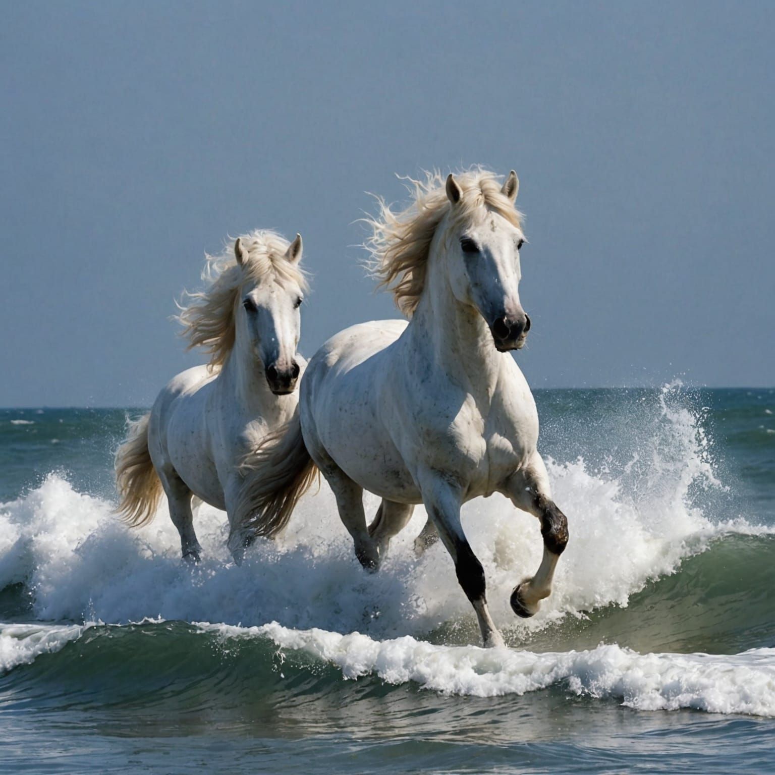 Surreal White Horses Emerging from Ocean Waves