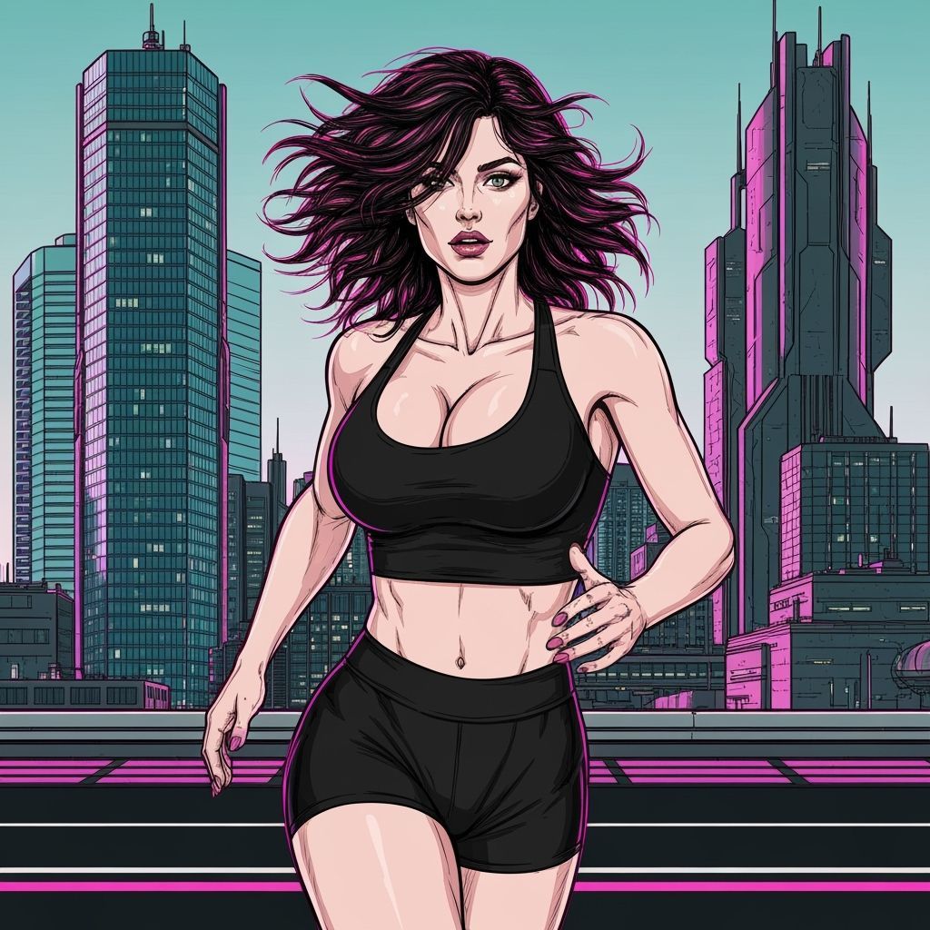 Athletic Woman in Futuristic Cityscape, Vintage Comic Style