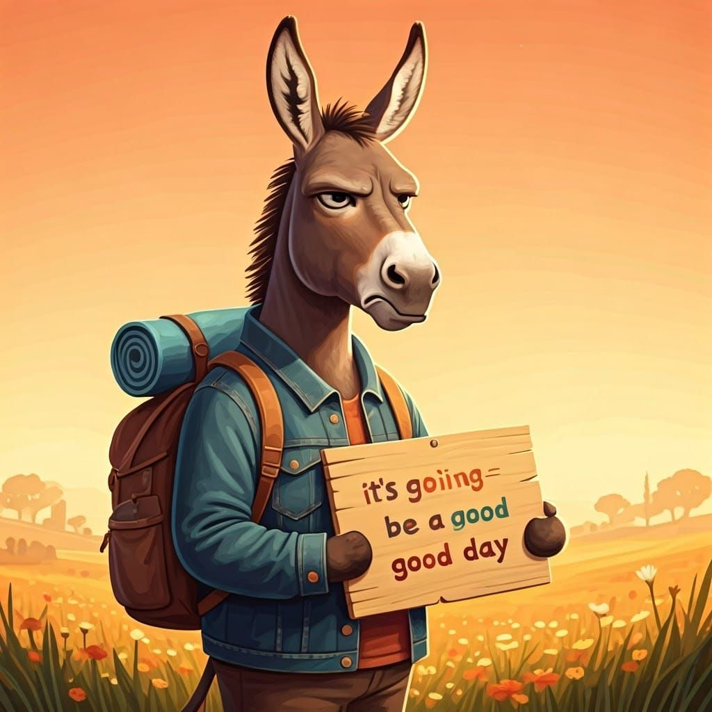 Grumpy Donkey's Optimistic Sign in Whimsical Illustration
