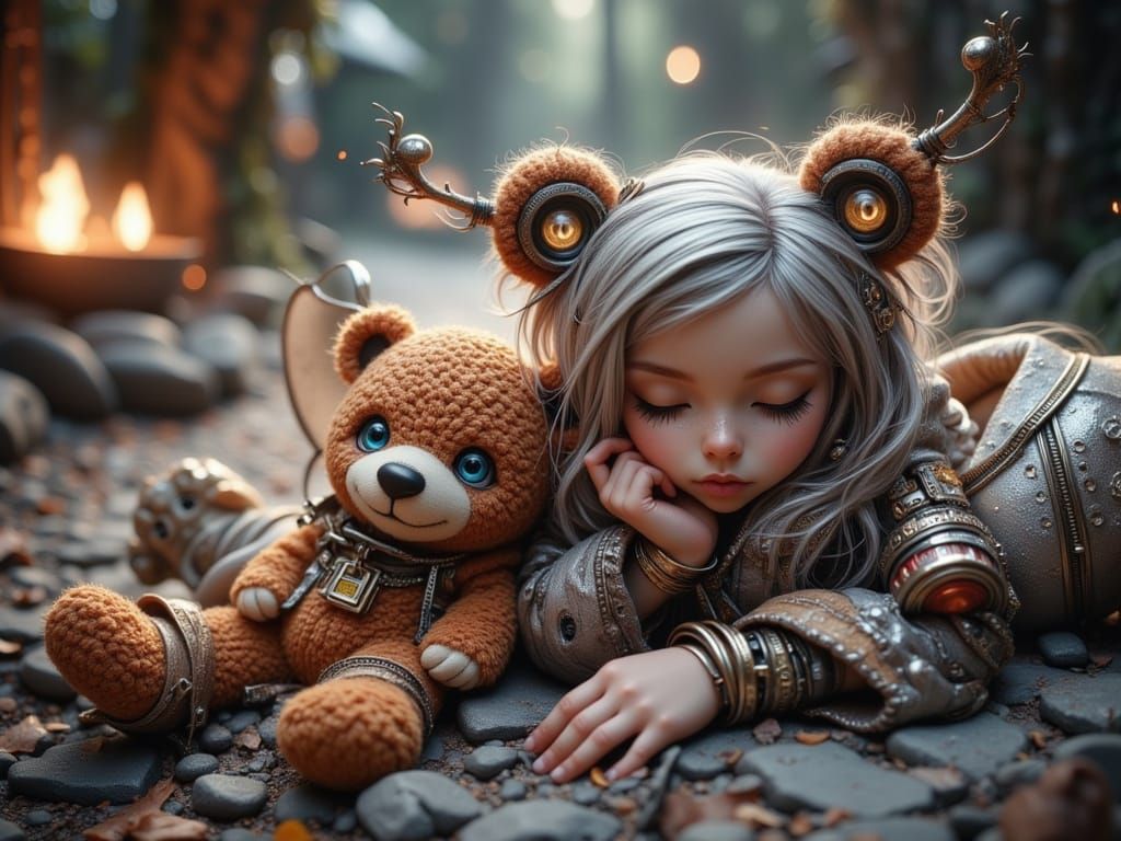 Cyberpunk Fairy Sleeping with Teddy