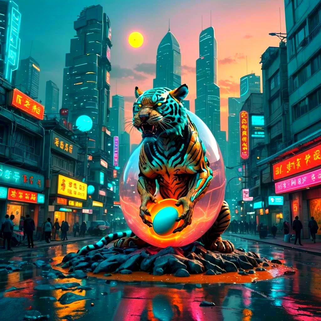 Turquoise Alien Tiger in a Futuristic Neon Psychedelic Egg