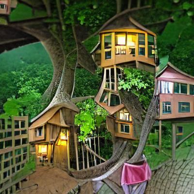 Enchanting Treehouse Village with Fairy Lights