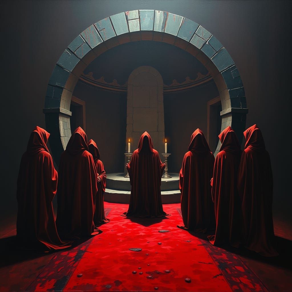 Surrealist Cult Scene in Crimson Robes and Altar