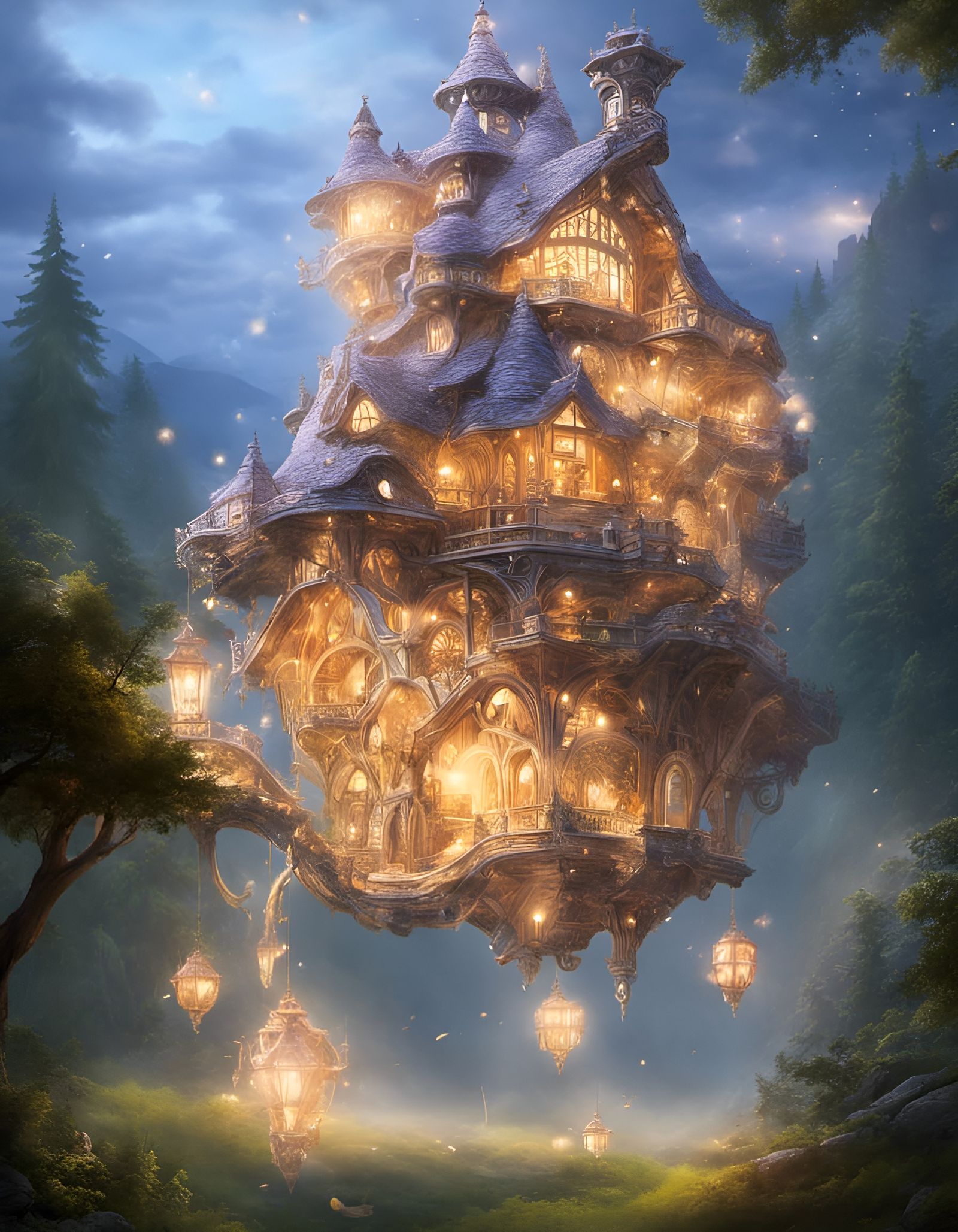 Fairytale City in Clouds with Glowing Houses