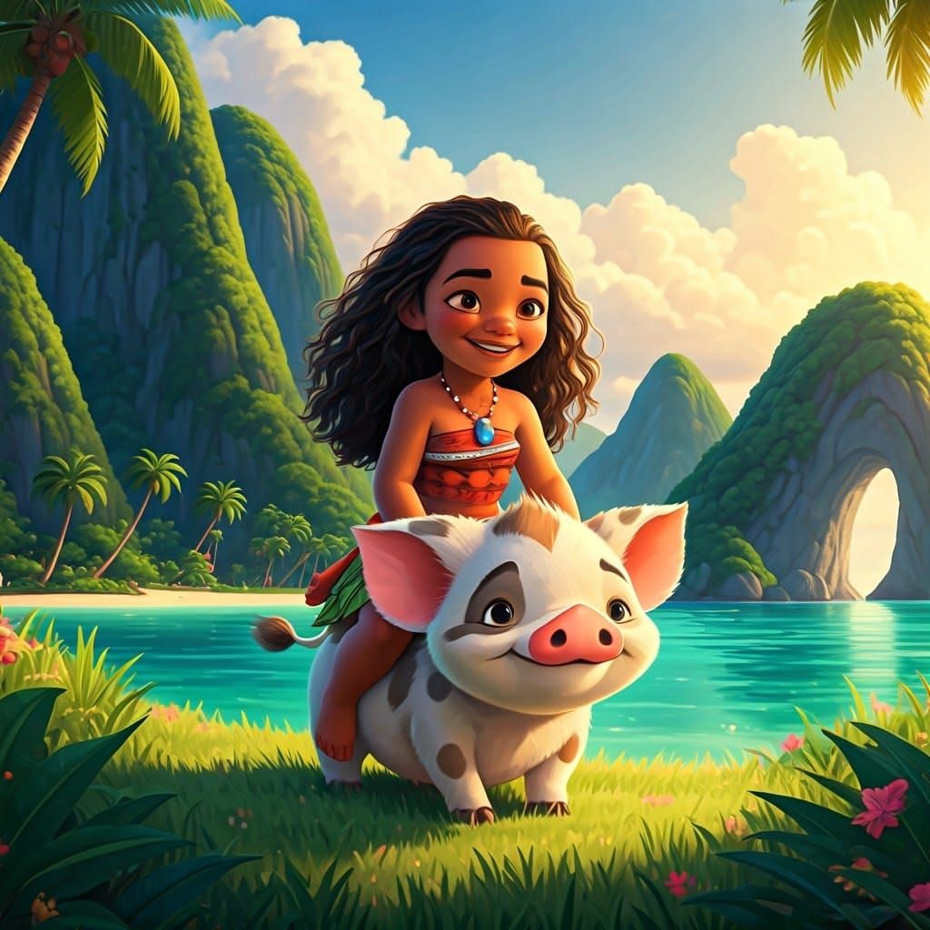 Moana Rides Piglet in Ghibli-Inspired Island Scene