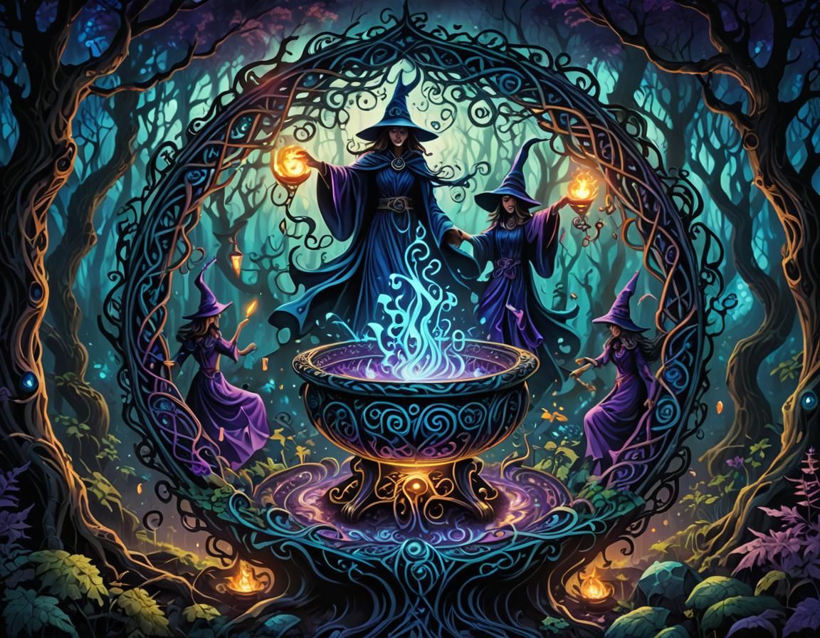 Witches Dance Around Cauldron in Abstract Vector Fractal