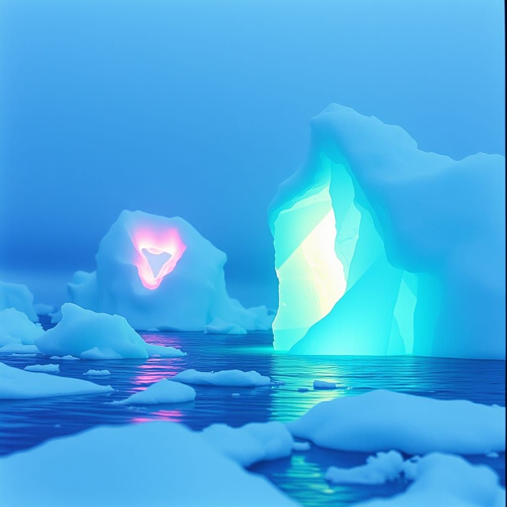 Rainbow Light Illuminates Icebergs in Icy Ocean