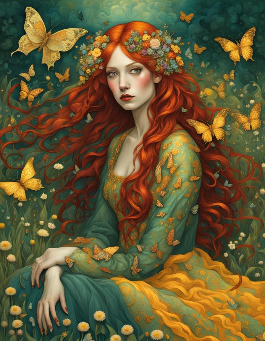 Fairy in Klimt Style with Red Hair and Meadow