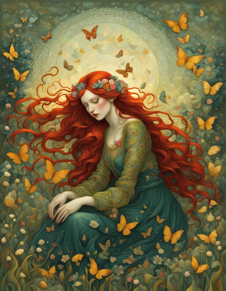 Fairy in Meadow, Klimt-Inspired Art Nouveau Style