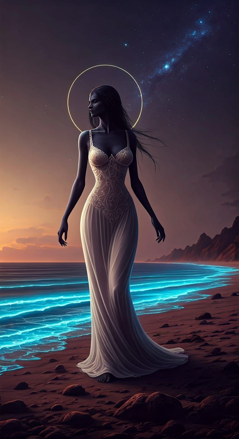 Raven Woman Leads Souls on Bioluminescent Shore