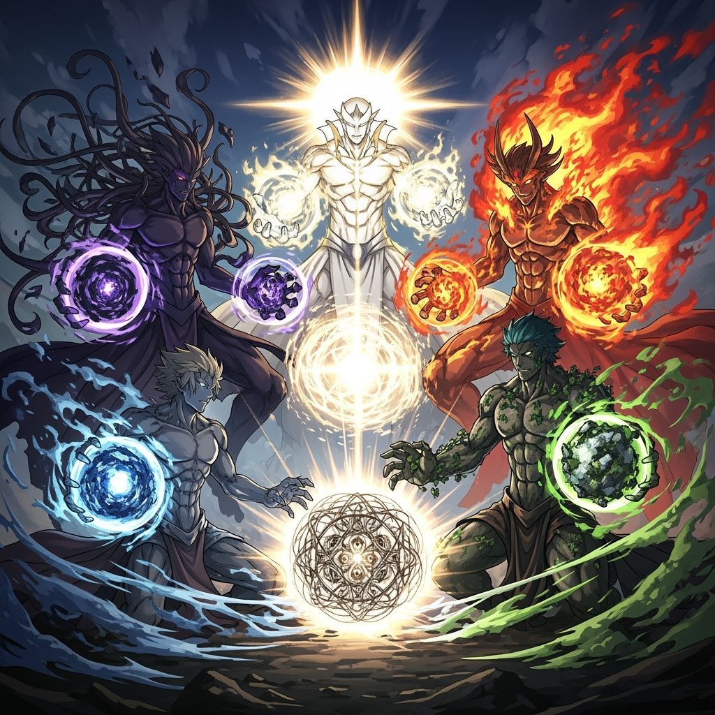 Primordial Titans Guarding Celestial Orb in Manga Style