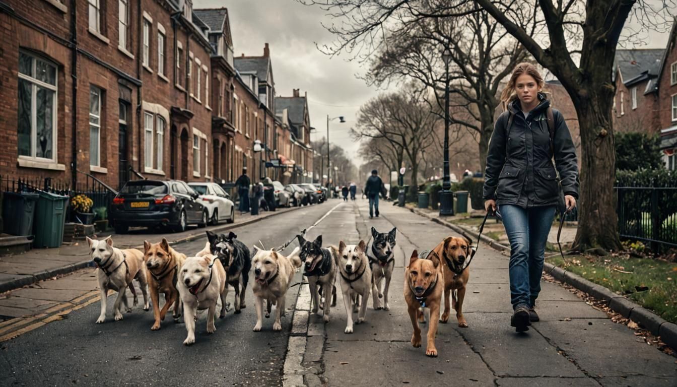 Hyperrealistic Dog Walker in Cinematic Style