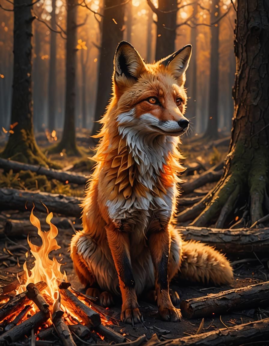 Ethereal Fox of Flames Emerging from Campfire