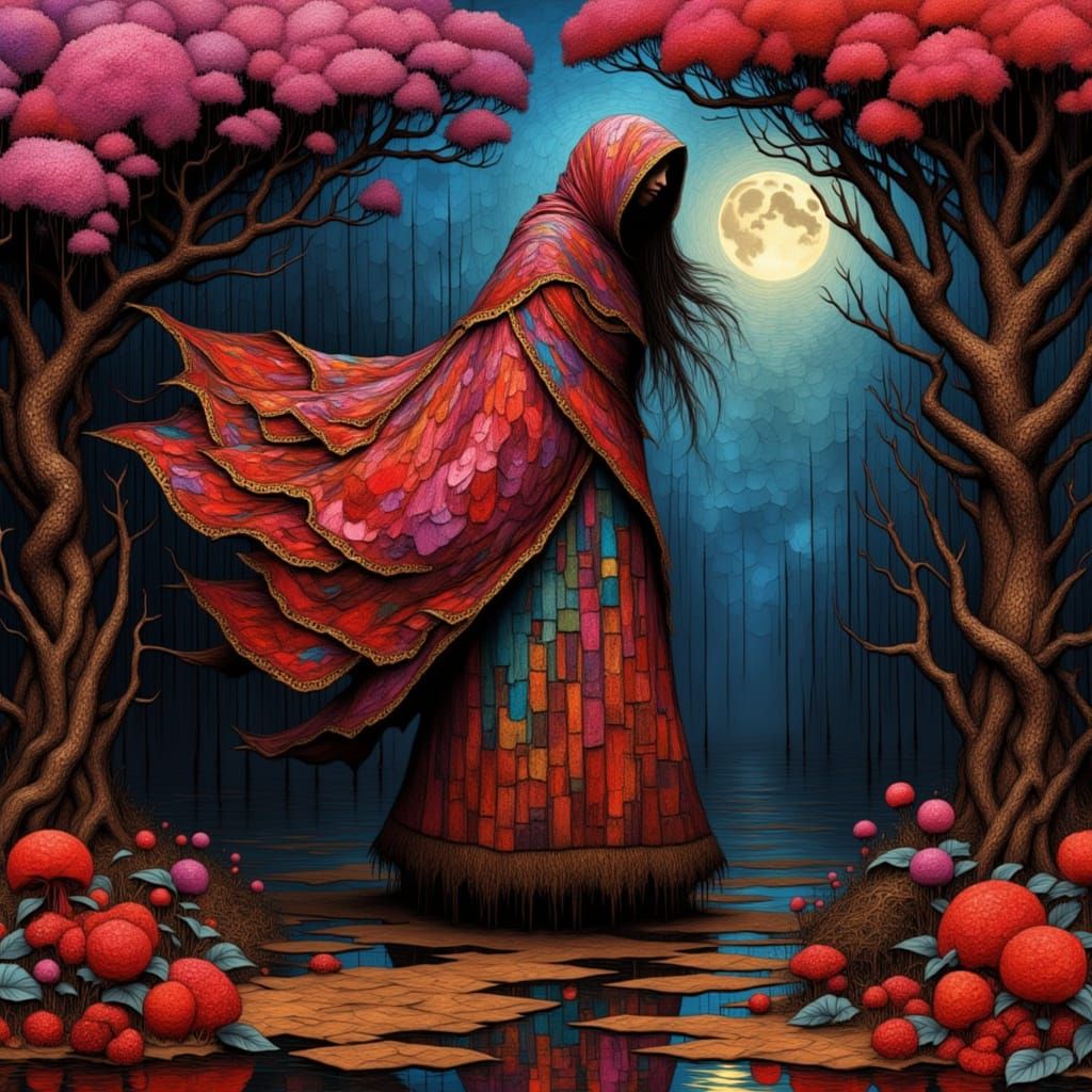 <lora:SOS STACKED STILTS:1.0> female lonely wanderer, brocad...