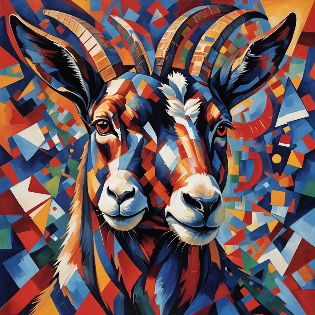 Cubist Goat Portrait in Geometric Fauvism Style