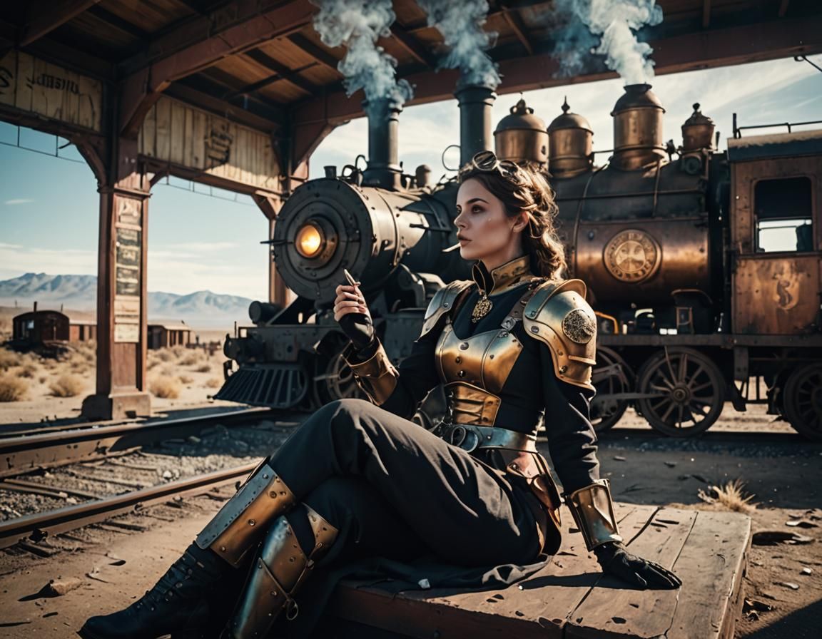 Steampunk Girl in Abandoned Desert Train Station