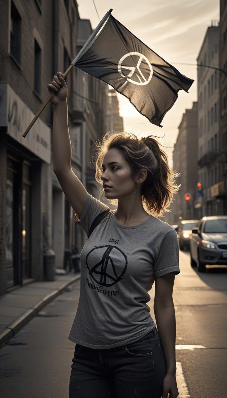 Woman Waves Peace Flag in the Streets with Gritty Texture an...