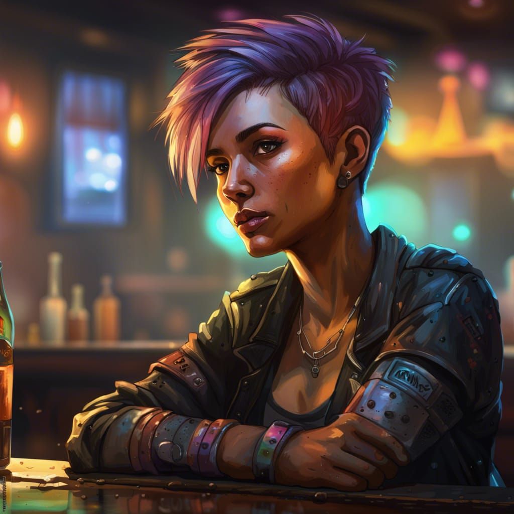 Cyberpunk Lesbian in Rustic Pub: Hyperrealistic Digital Art