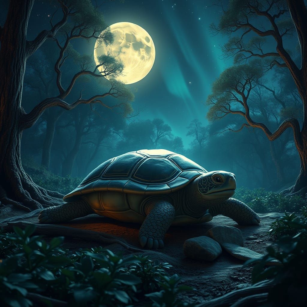 Majestic Turtle in Enchanted Forest at Night