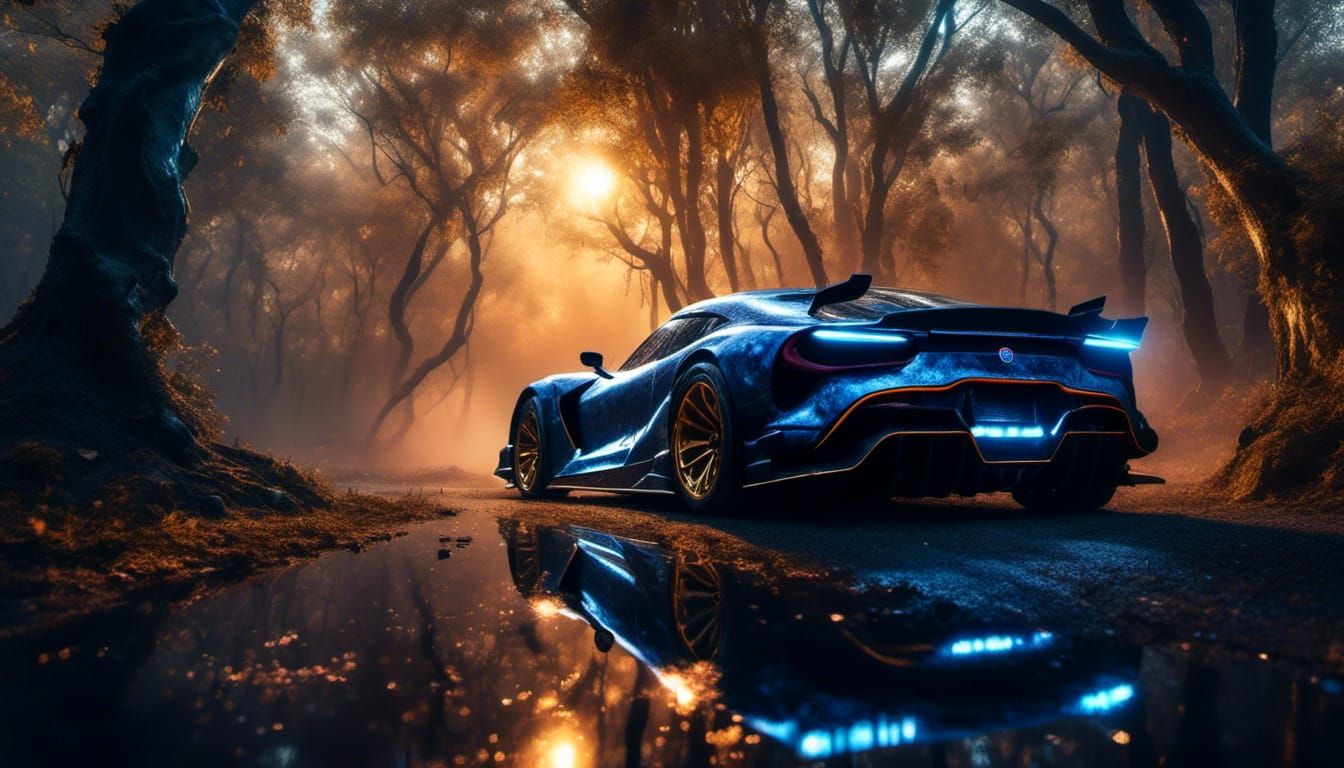 Futuristic Subaru WRX Races Through Misty Forest