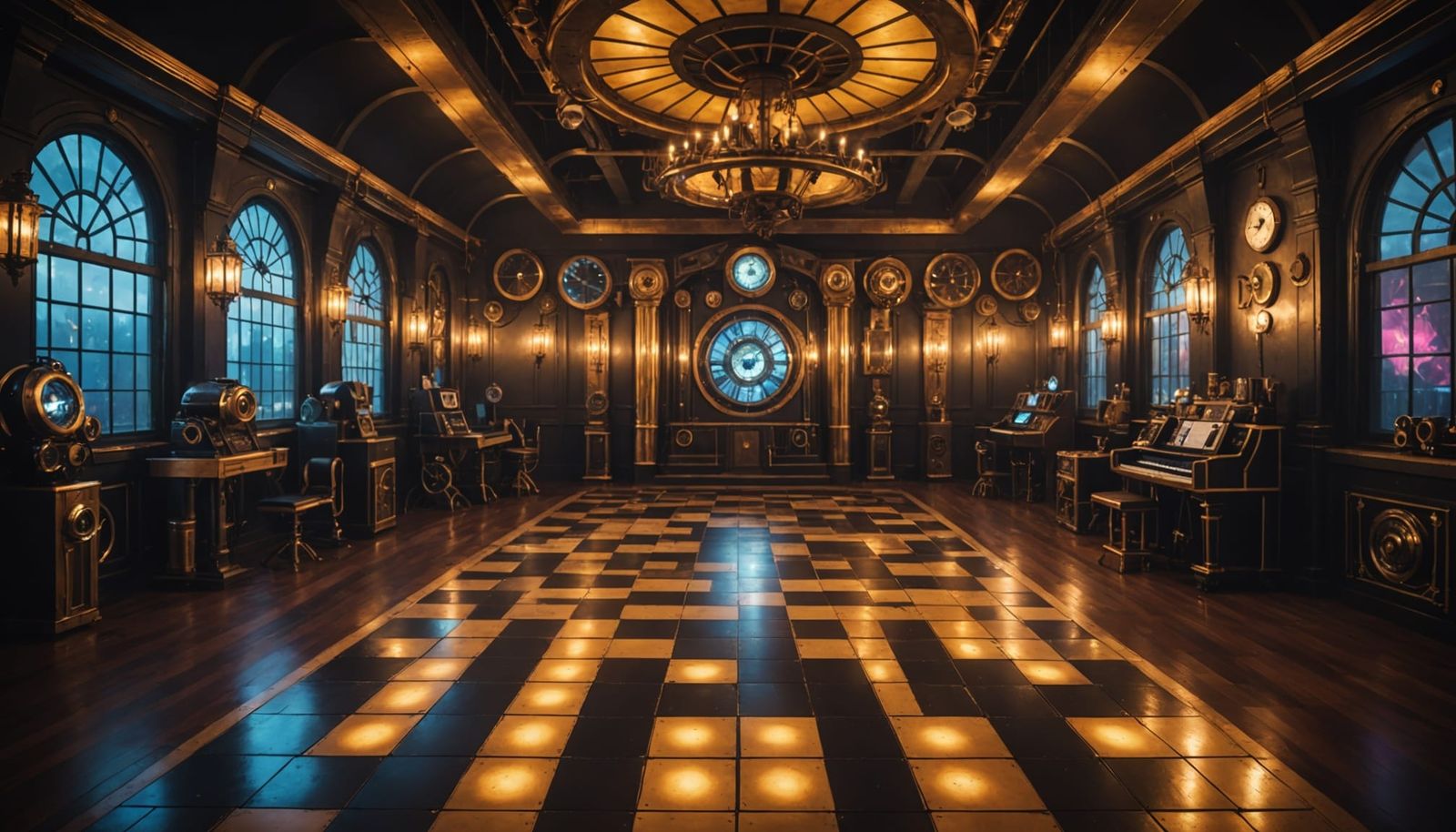 Steampunk Disco Dance Floor Scene in Industrial Chic