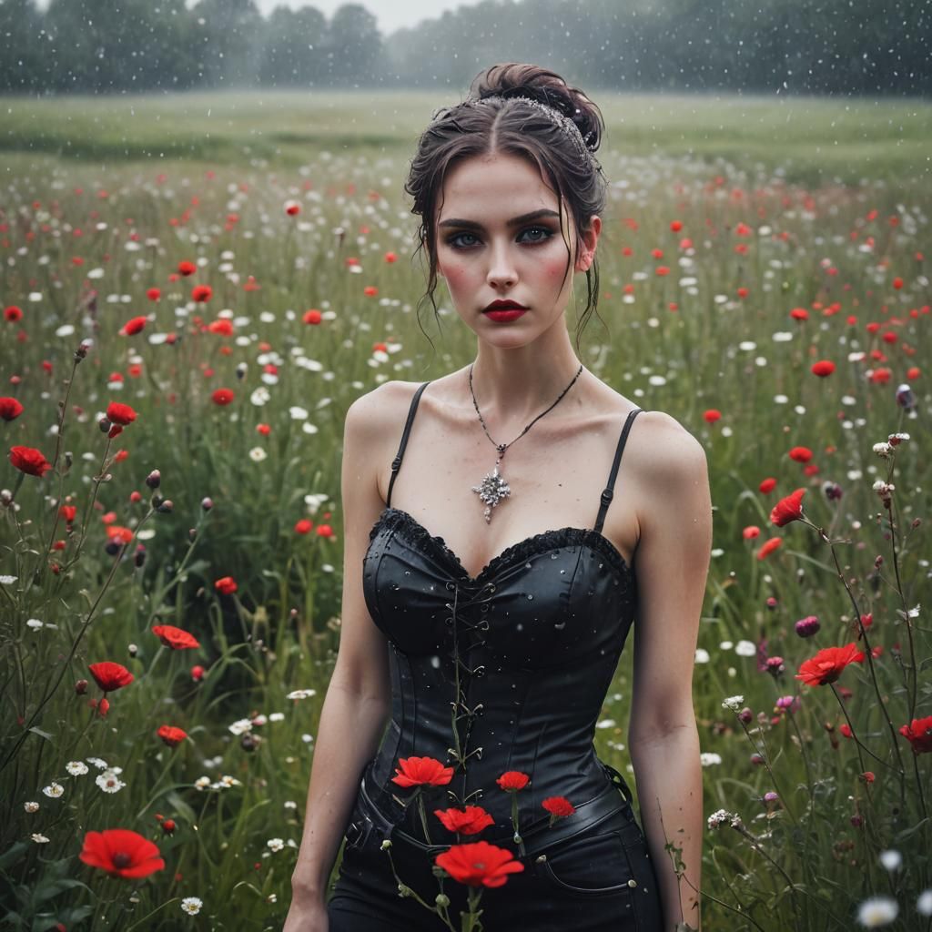 Ethereal Woman in Rainy Flower Meadow Photograph