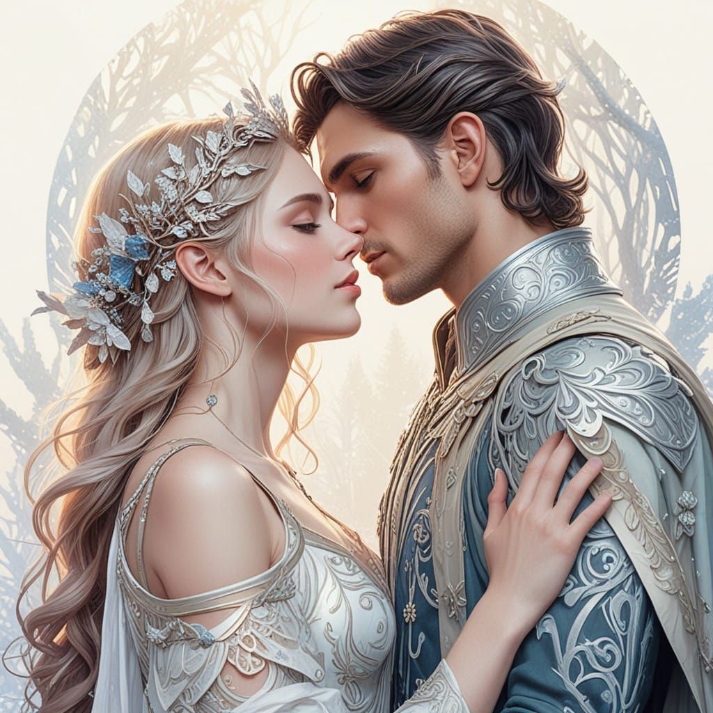 Dreamy Snow Elf Couple in Whimsical Winter Wonderland