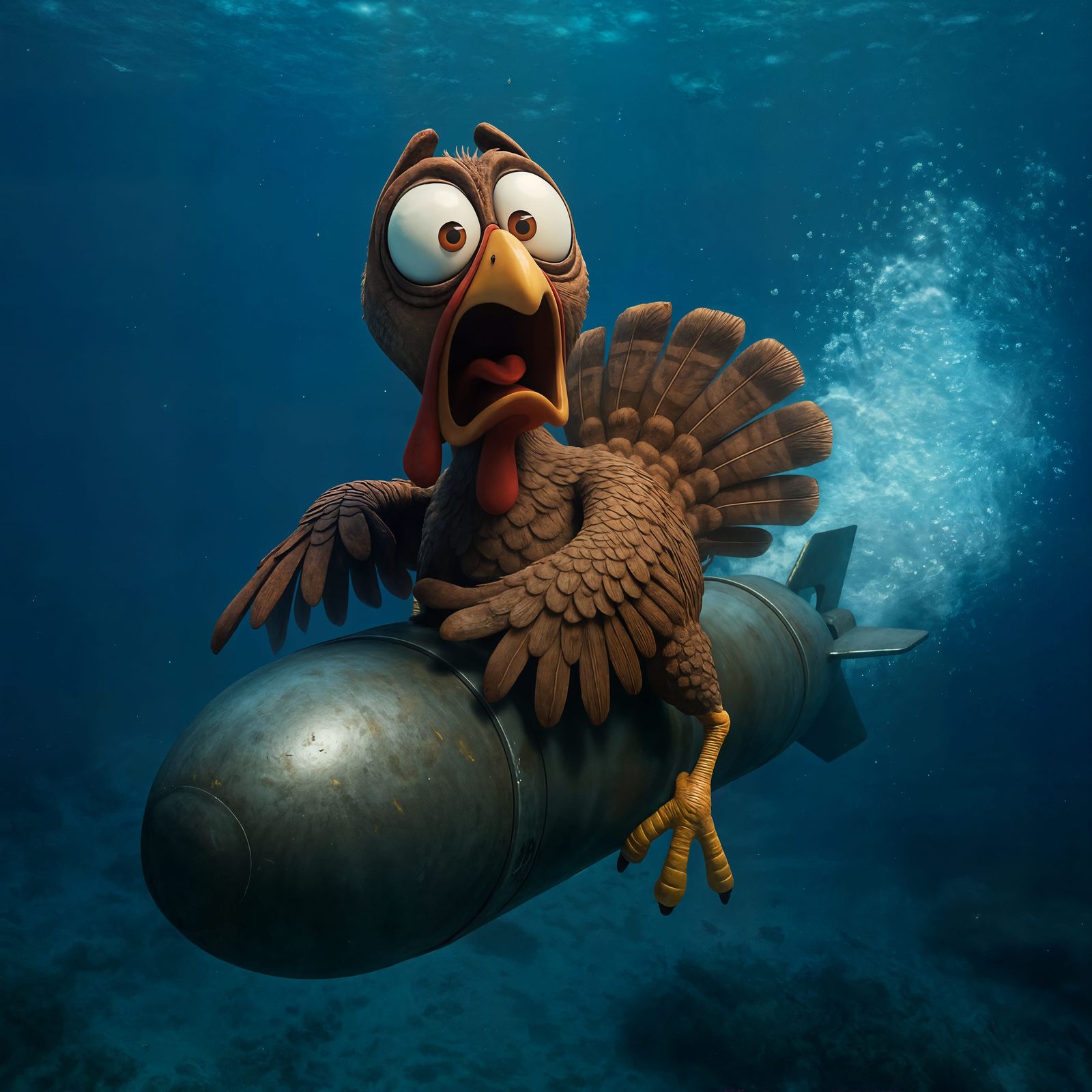 Terrified Turkey on Torpedo in Cartoon CGI