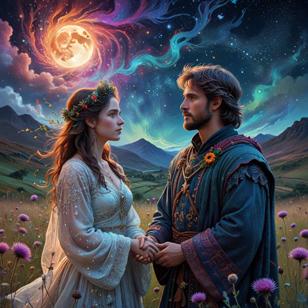 Timeless Scottish Highland Wedding Scene in Vibrant Holograp...