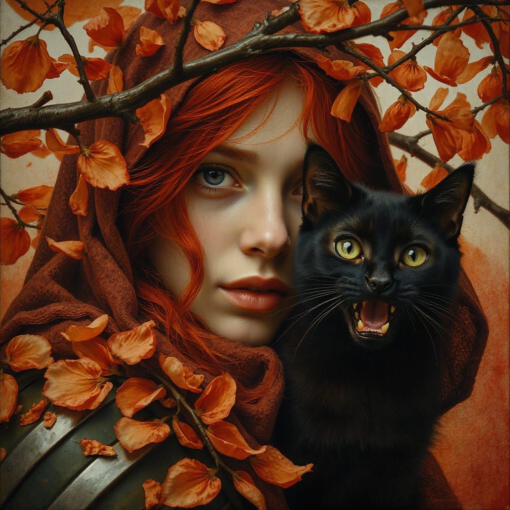 Crimson Haired Battle Maiden with Cat, Organic Painting