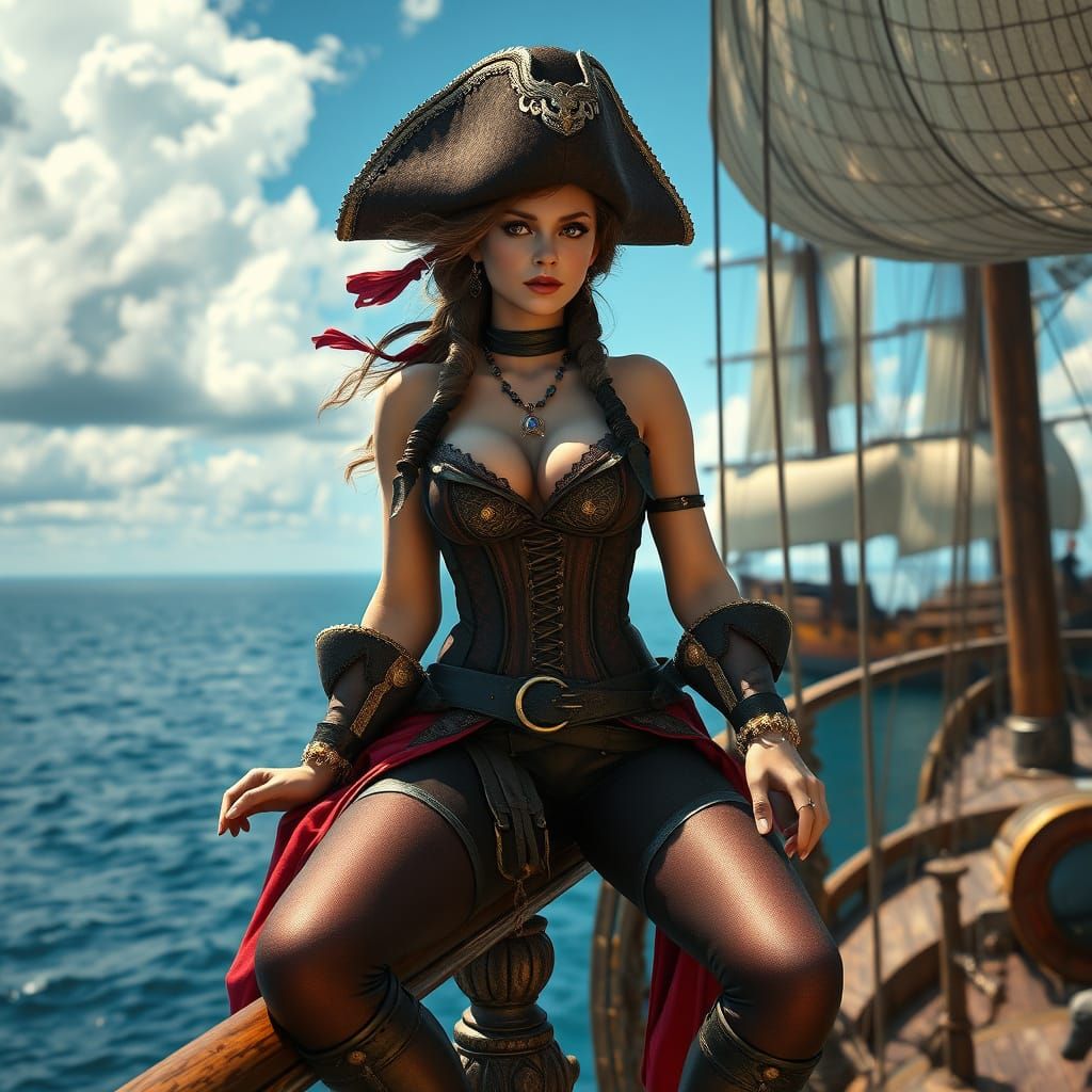 A confident female pirate sits on a ship's railing, wearing a stylish outfit with a corset and hat. The backdrop feature...