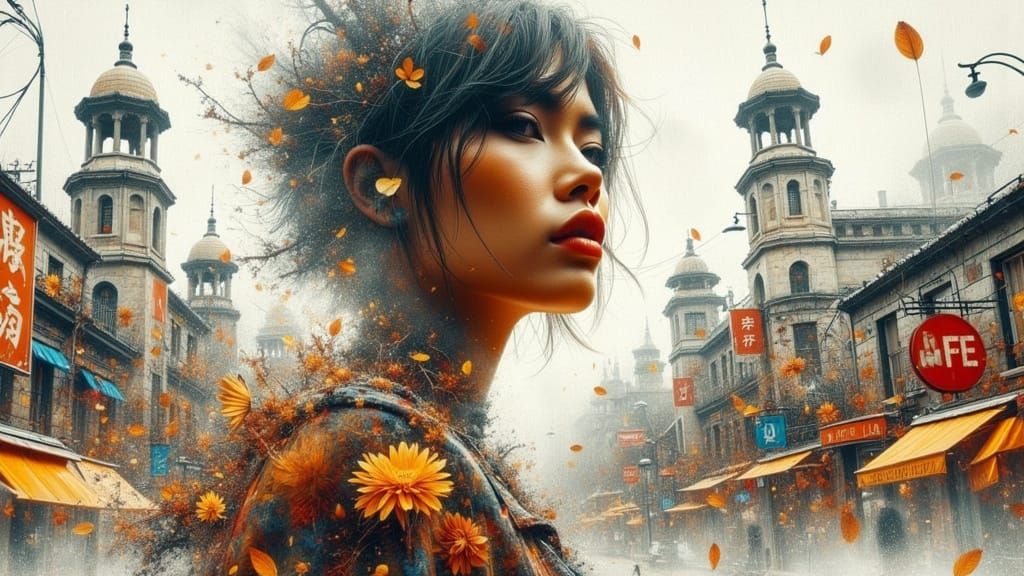 Surreal Woman Stands Out in Thriving Urban Metropolis