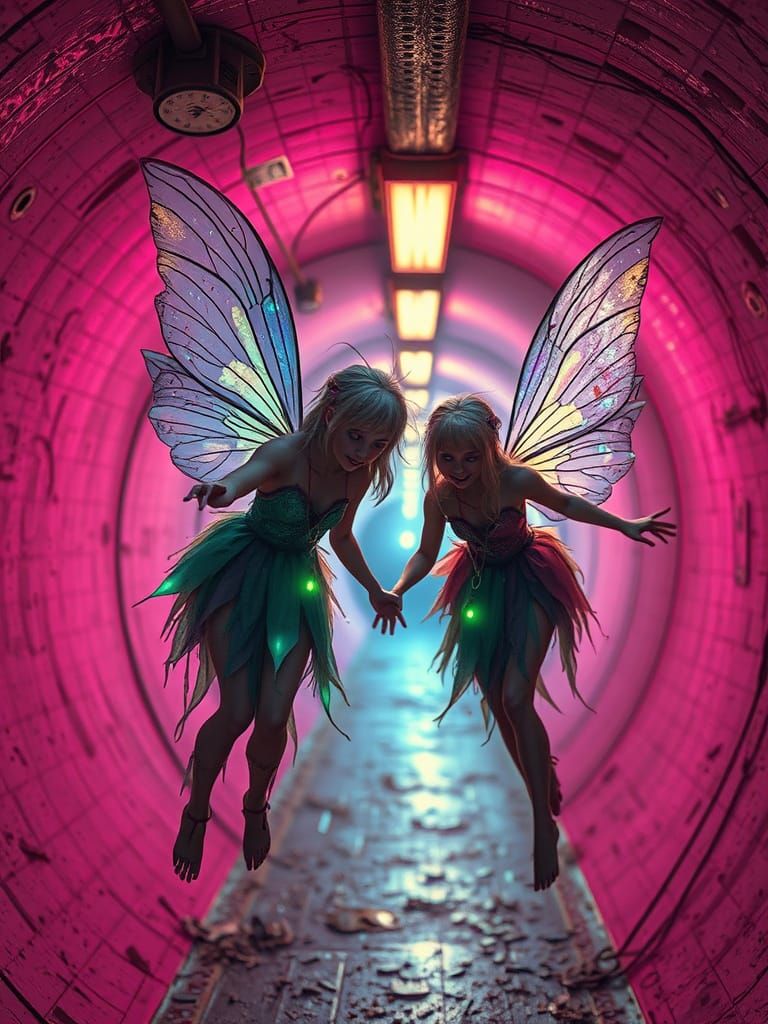 Glowing Fairies in Dystopian Sewer Tunnel, Retro-Futurism
