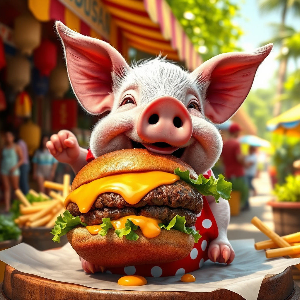 Pig Eats Burger: Hyperrealistic Concept Art