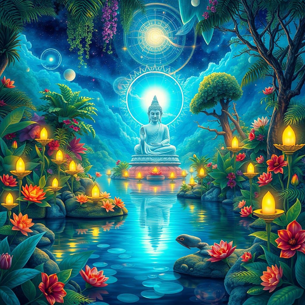 Ethereal Buddhist Oasis in Vibrant Color