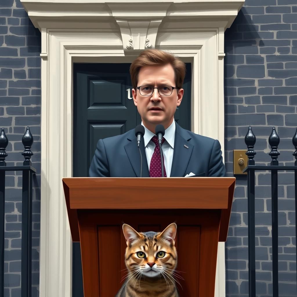 Keir Starmer and Grumpy Tabby Cat at Downing Street