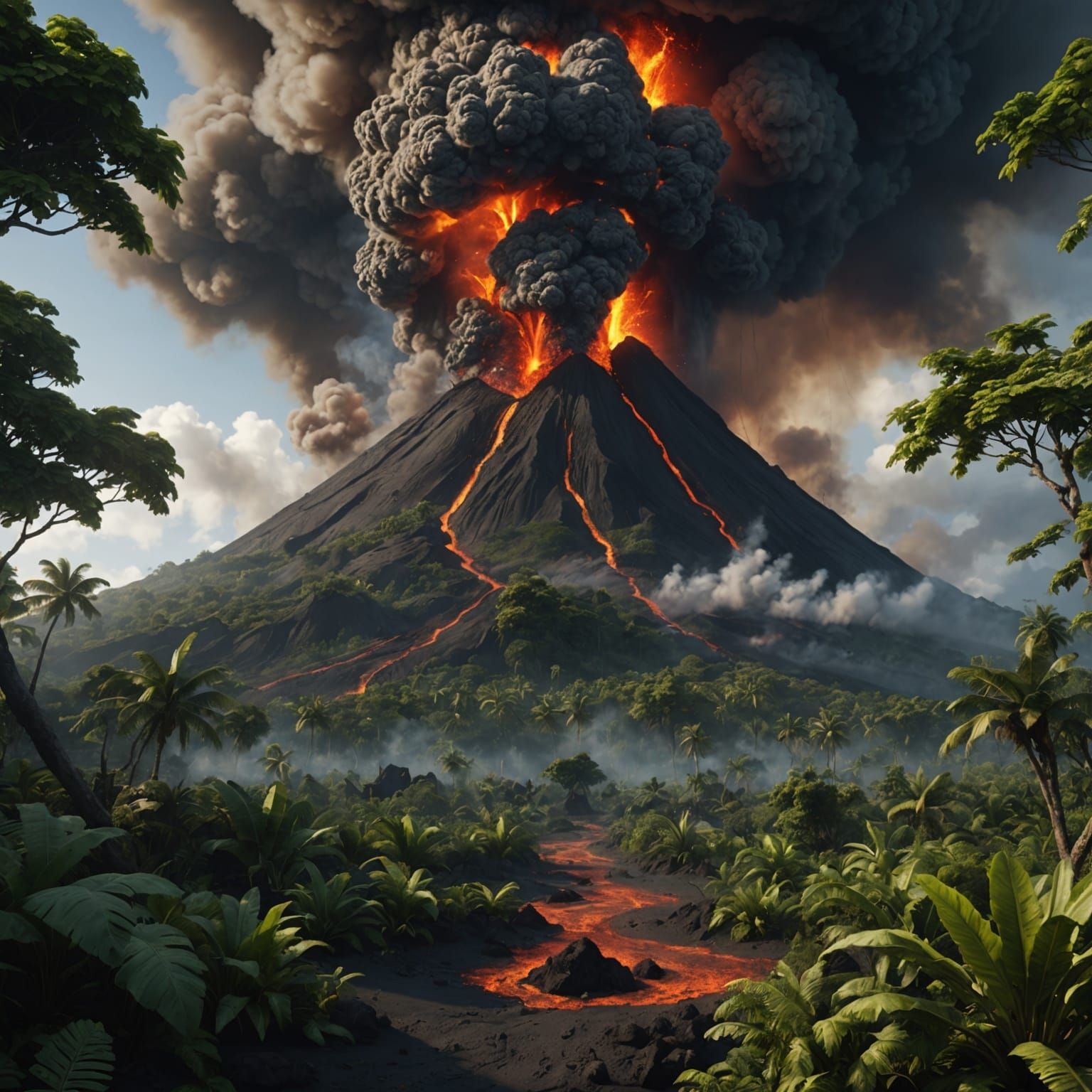 Photorealistic Volcano Eruption in Lush Jungle