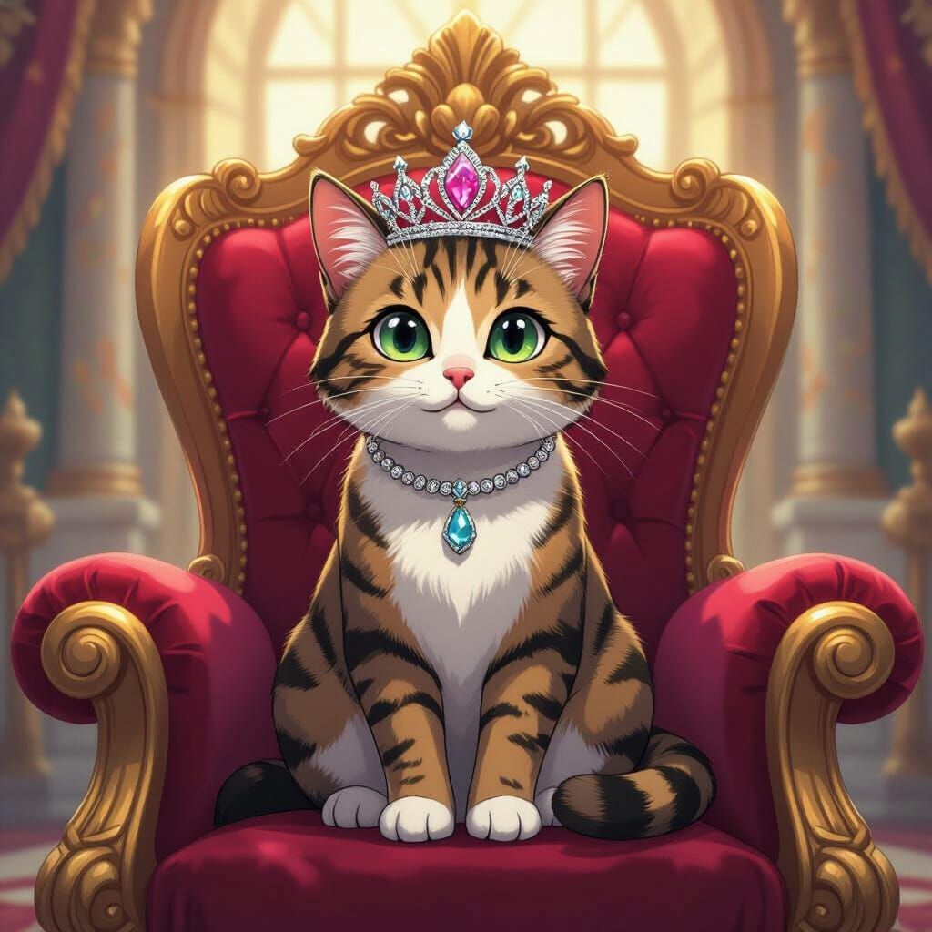 Tabby Cat Queen on Velvet Throne in Palace