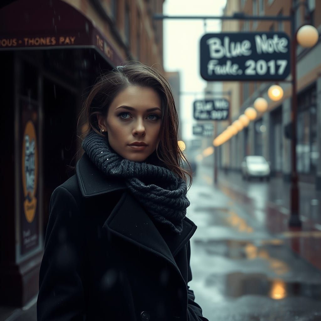 Noir-Inspired Woman on a Rainy Street