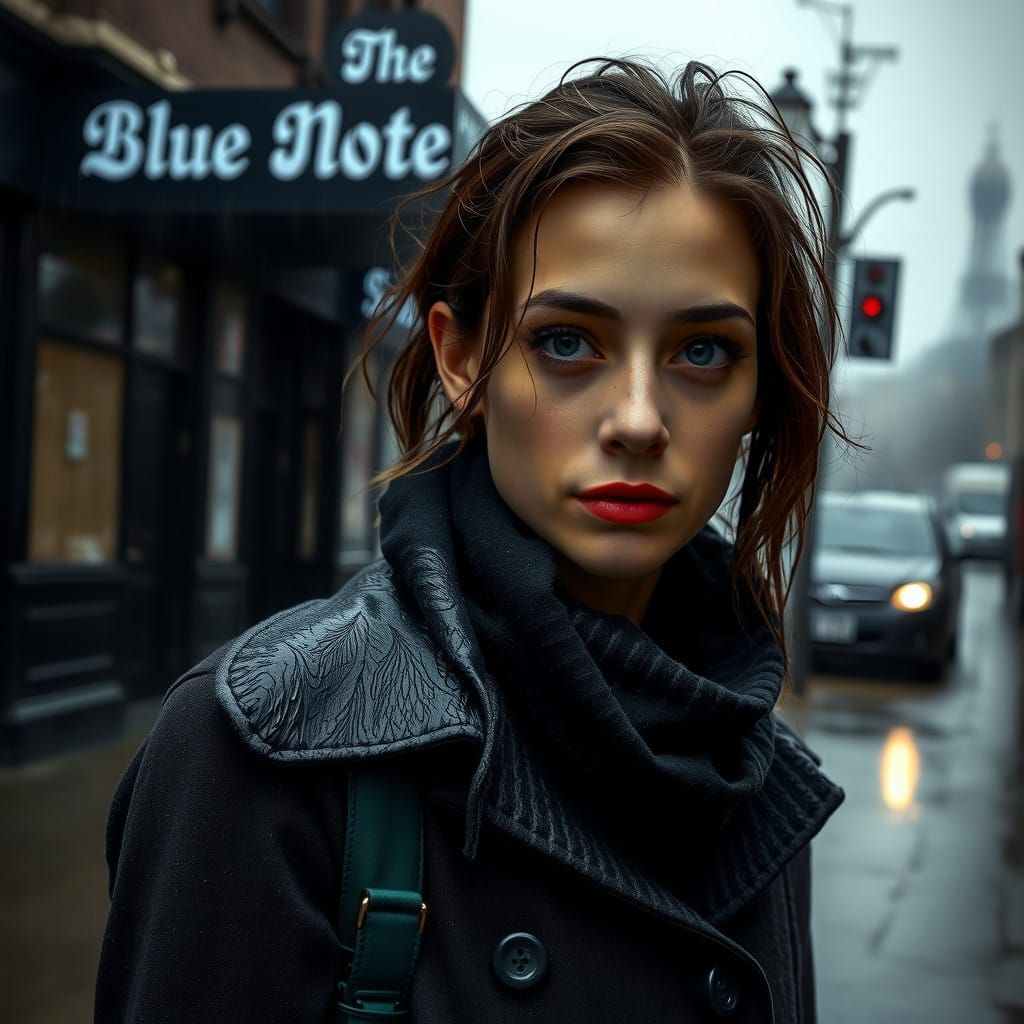 Noir Portrait of a Rain-Soaked Woman in a Dark Alleyway